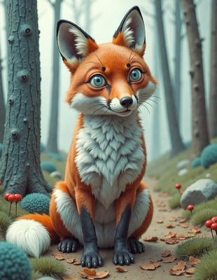 The primary subject of the image is a cartoon fox sitting on a dirt path surrounded by trees. The setting is a forest, and the visual style is digital art. The colors and mood of the image are vibrant and lively, with the fox being the main focus of the scene.